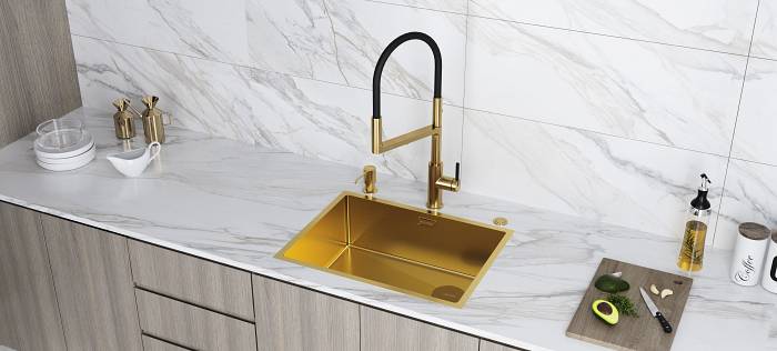 Смеситель для кухни Paulmark TORNADO To213402-BG  гибкий излив с подключением фильтра брашированное золото