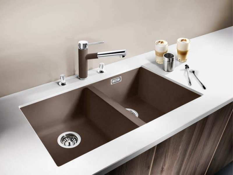 Кухонная мойка Blanco SUBLINE 350/350-U Silgranit черный, отводная арматура InFino 525987