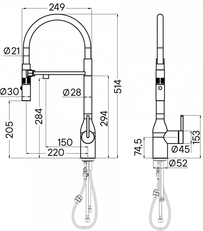 Смеситель для кухни Paulmark MAGNETO ONE Ma213188-GM с подключением фильтра и гибким изливом вороненая сталь