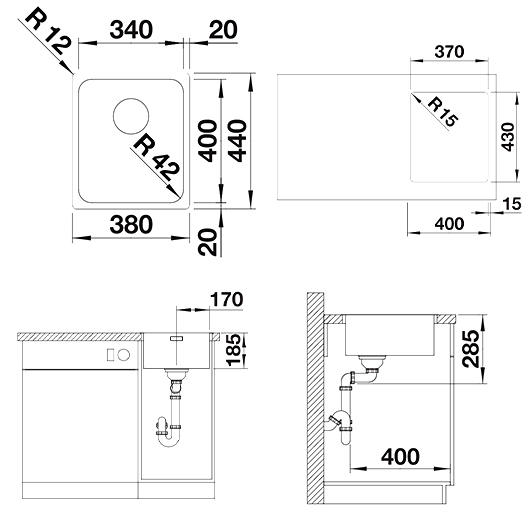 Кухонная мойка Blanco SOLIS 340-IF нержавеющая сталь полированная, стоп-вентиль 526116