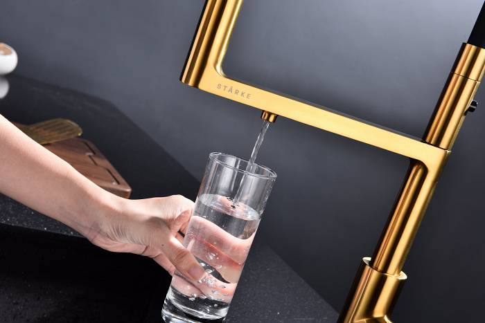 Смеситель для кухни Paulmark TORNADO To213402-BG  гибкий излив с подключением фильтра брашированное золото