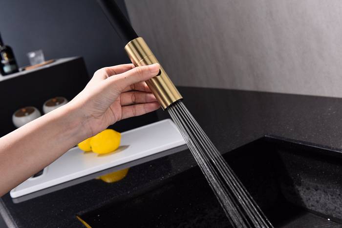 Смеситель для кухни Paulmark TORNADO To213402-LG гибкий излив с подключением фильтра глянцевый светлое брашированное золото