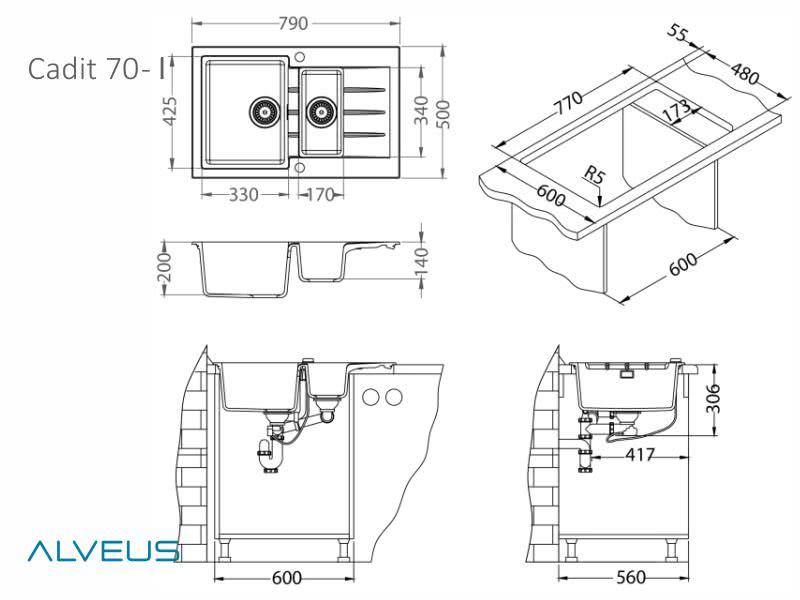 Мойка для кухни Alveus Cadit 70 Carbon G91, клапан-автомат