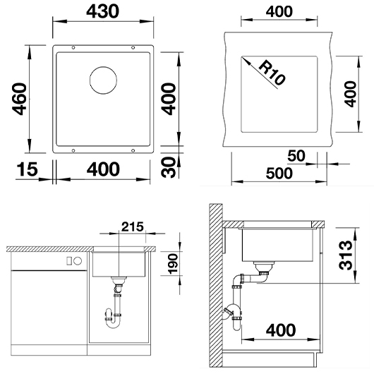 Кухонная мойка Blanco SUBLINE 400-U Silgranit вулканический серый, отводная арматура InFino 527349