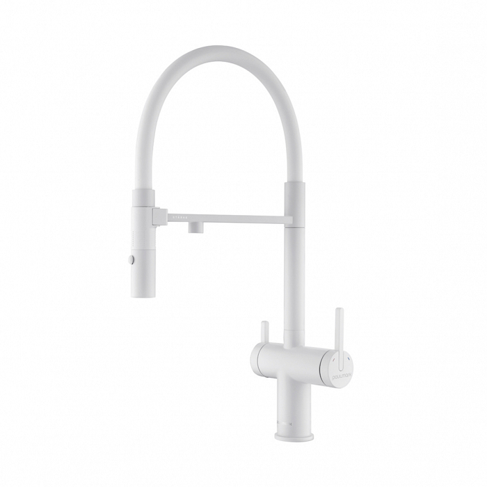 Смеситель для кухни Paulmark GRAVITY Gr213888-WH с подключением фильтра и гибким изливом белый матовый