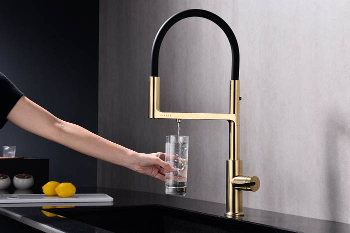 Смеситель для кухни Paulmark TORNADO To213402-LG гибкий излив с подключением фильтра глянцевый светлое брашированное золото