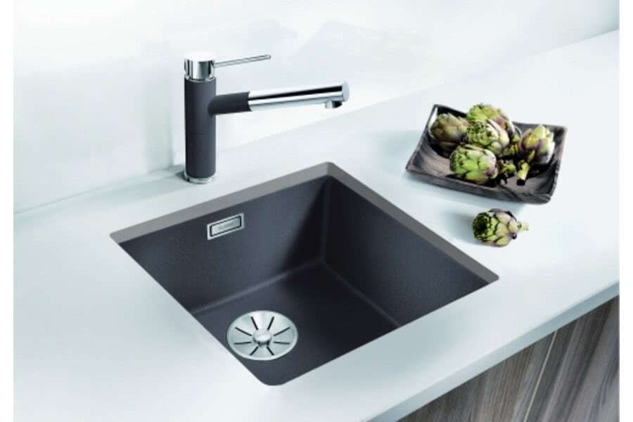 Кухонная мойка Blanco SUBLINE 400-U Silgranit темная скала, отводная арматура InFino 523423