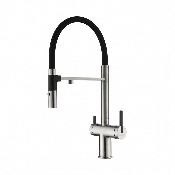 Смеситель для кухни Paulmark GRAVITY Gr213888-BS с подключением фильтра и гибким изливом брашированная сталь