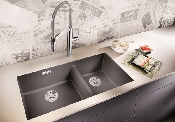 Кухонная мойка Blanco SUBLINE 480/320-U Silgranit черный, отводная арматура InFino 525993